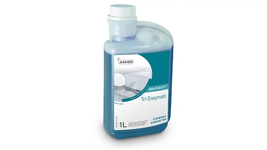 1L bottle of Anios Dentasept Tri Enzymatic cleaning and disinfection solution with blue liquid and a white cap.
